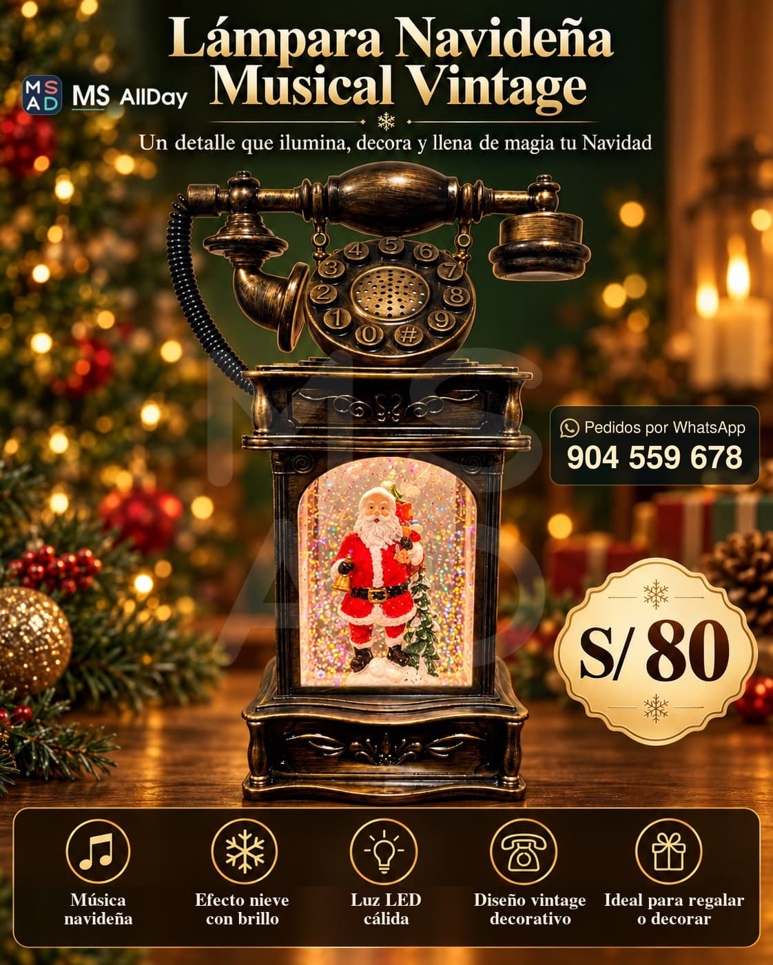 Lámpara Navideña Musical Vintage, diseño Papá Noel con Campana